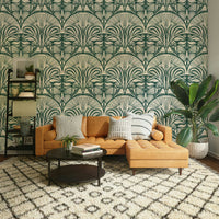 Emerald green wallpaper with Art Deco fan motif

