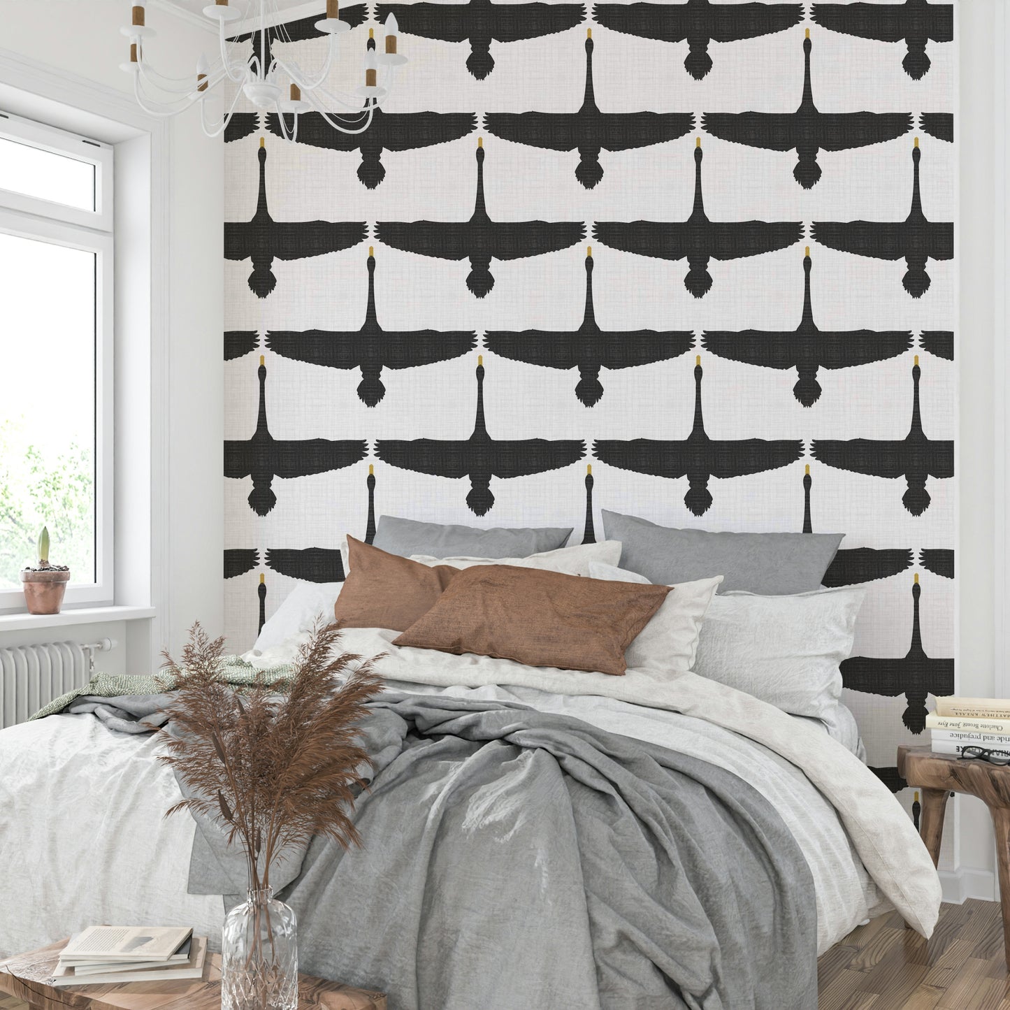 Minimalist gray wallpaper with graceful swans

