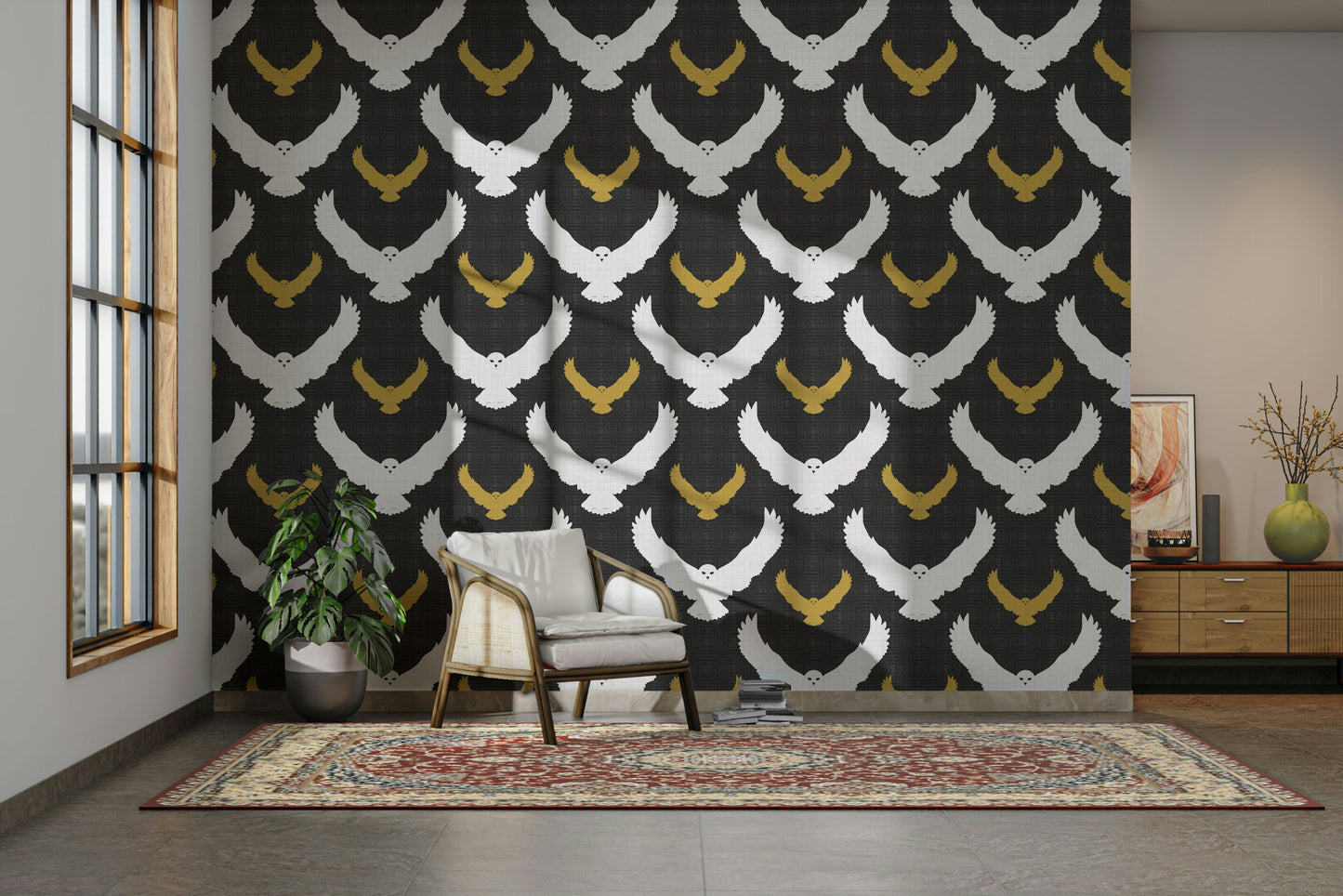 Nature-inspired wallpaper with flock of owls

