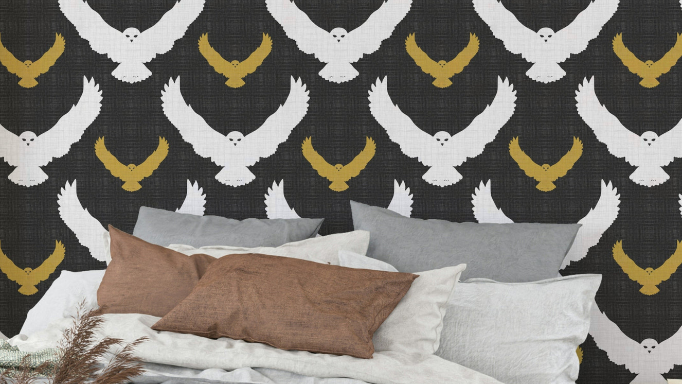 Woodland-themed owl wallpaper in rustic gray tones

