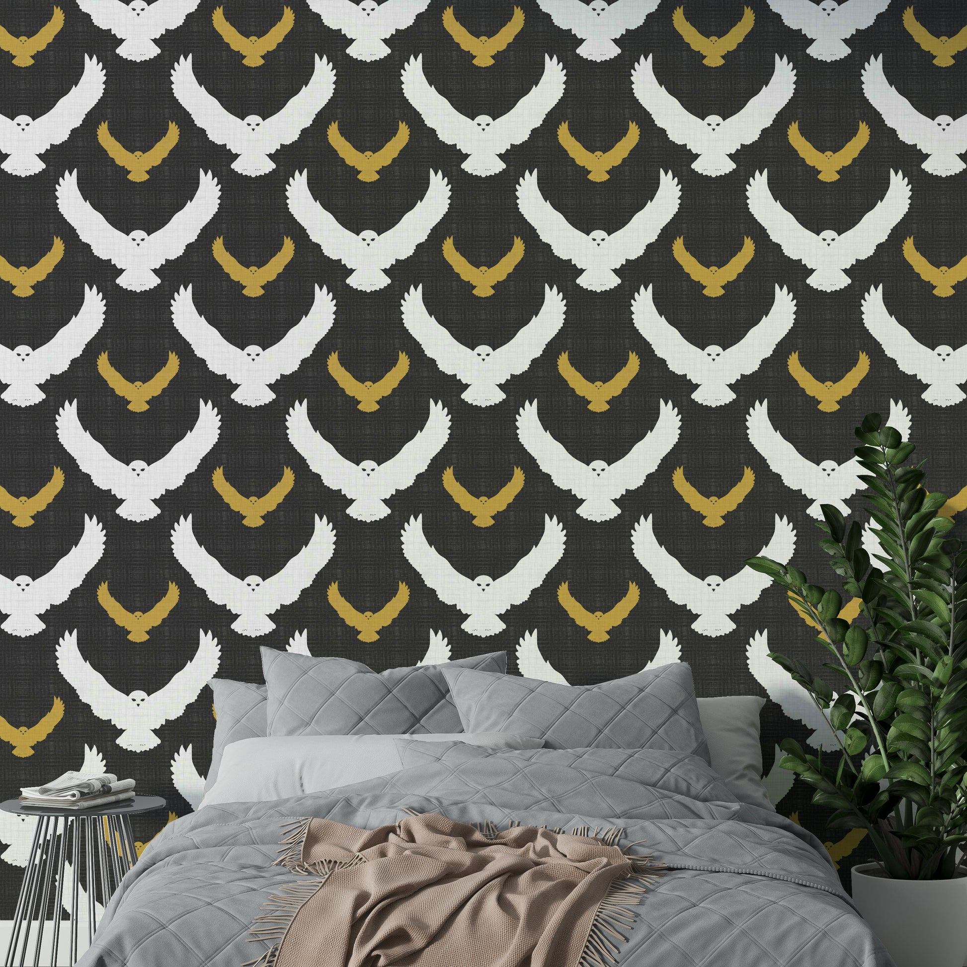 Serene owl wallpaper for cozy interior settings

