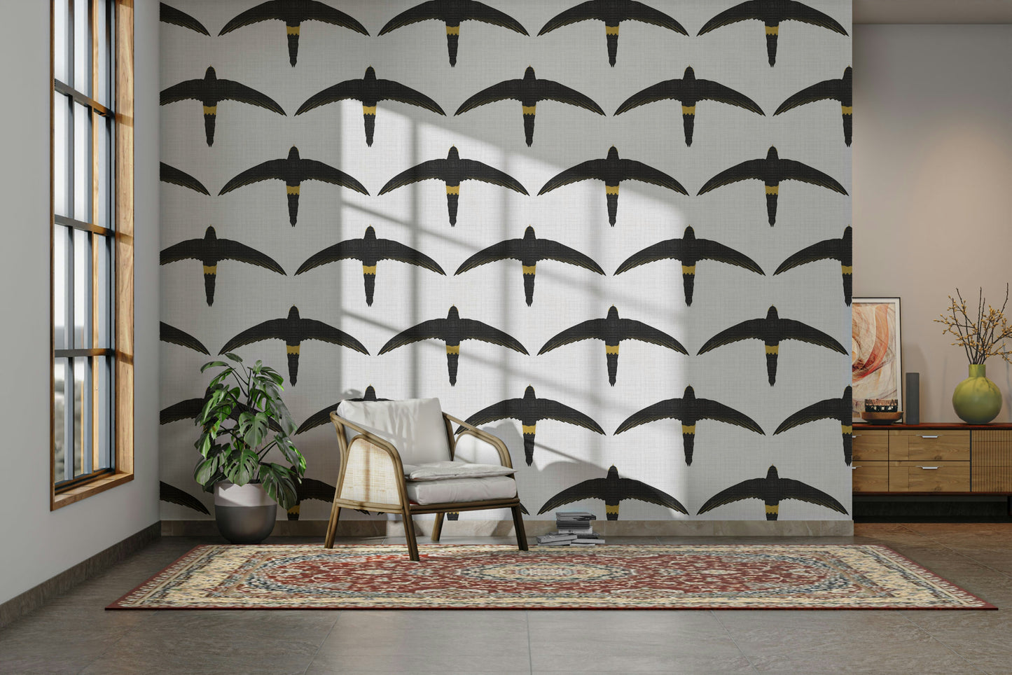 Coastal bird wallpaper with flying swifts in white

