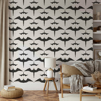 Serene white wallpaper featuring a bird flock pattern

