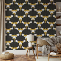 Neutral gray wallpaper with tropical macaw motif

