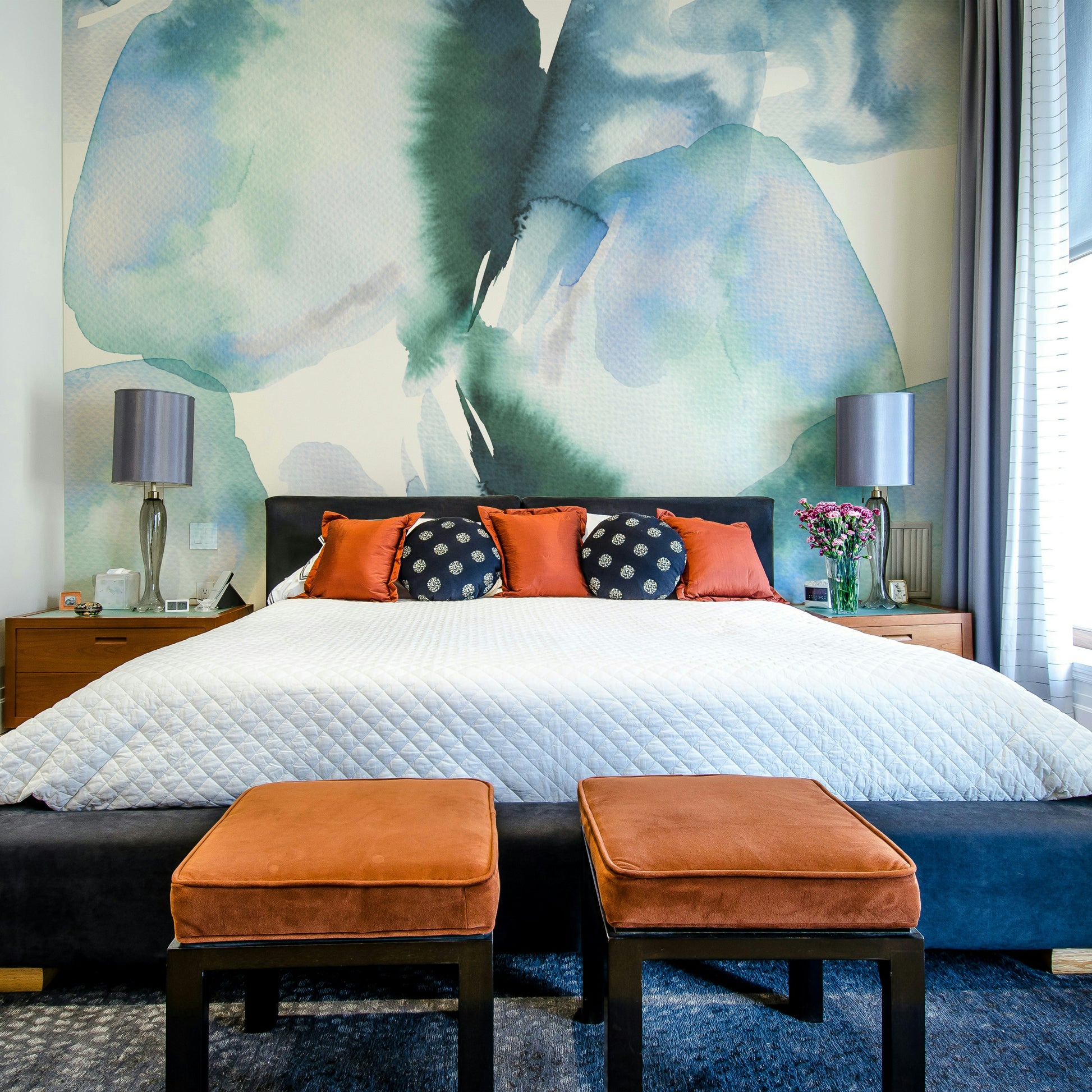 Abstract landscape wall mural in calming blue tones

