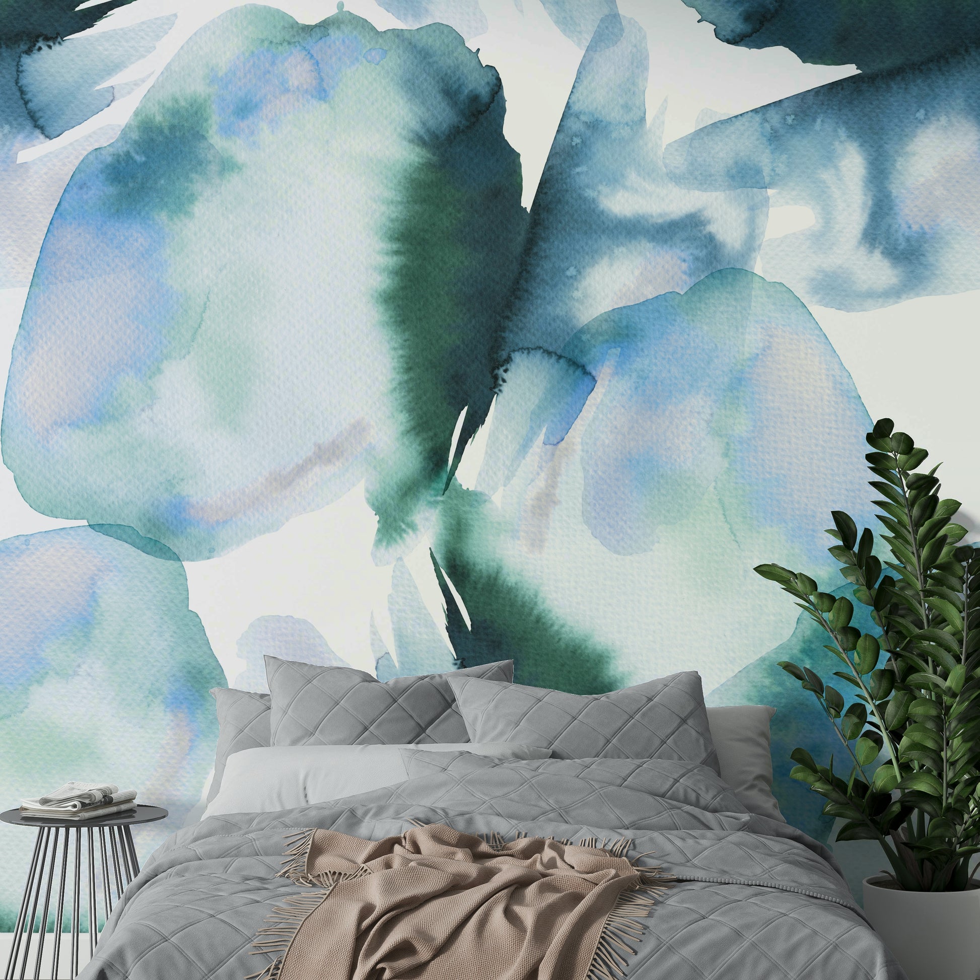 Soft abstract landscape mural in blue watercolor style

