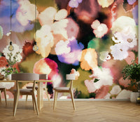 Contemporary floral mural with warm sunset glow

