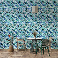 Minimalist Japandi design in vintage blue wallpaper


