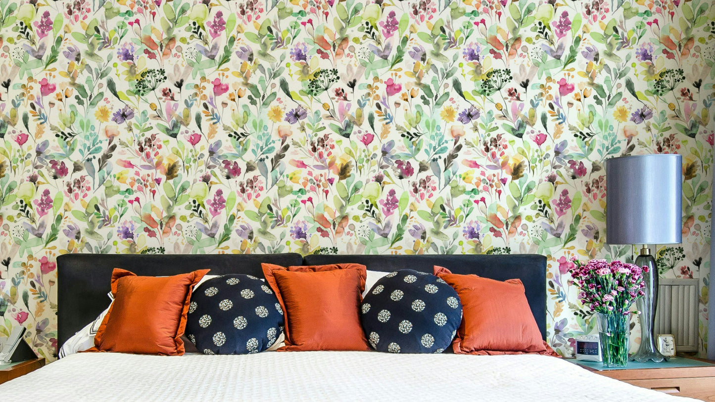 Artsy green wallpaper with wild garden design

