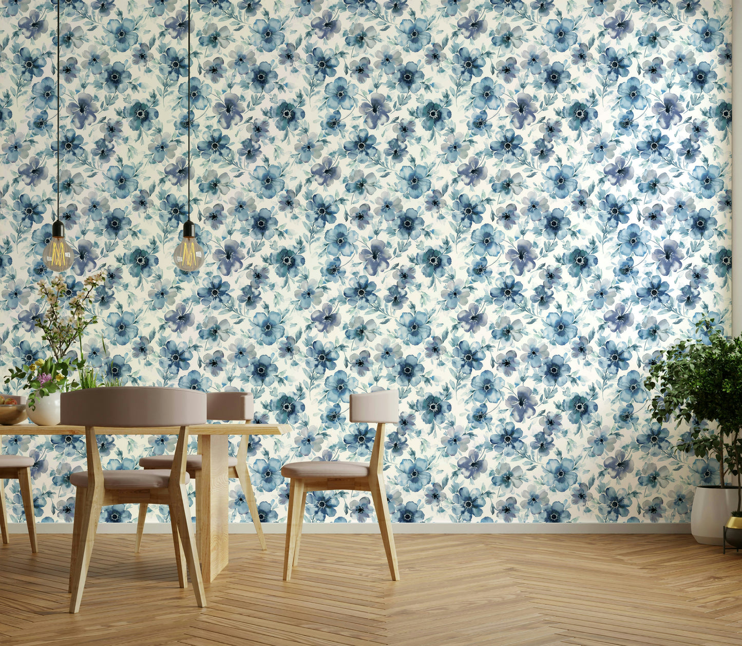 Light blue anemone floral print wall covering

