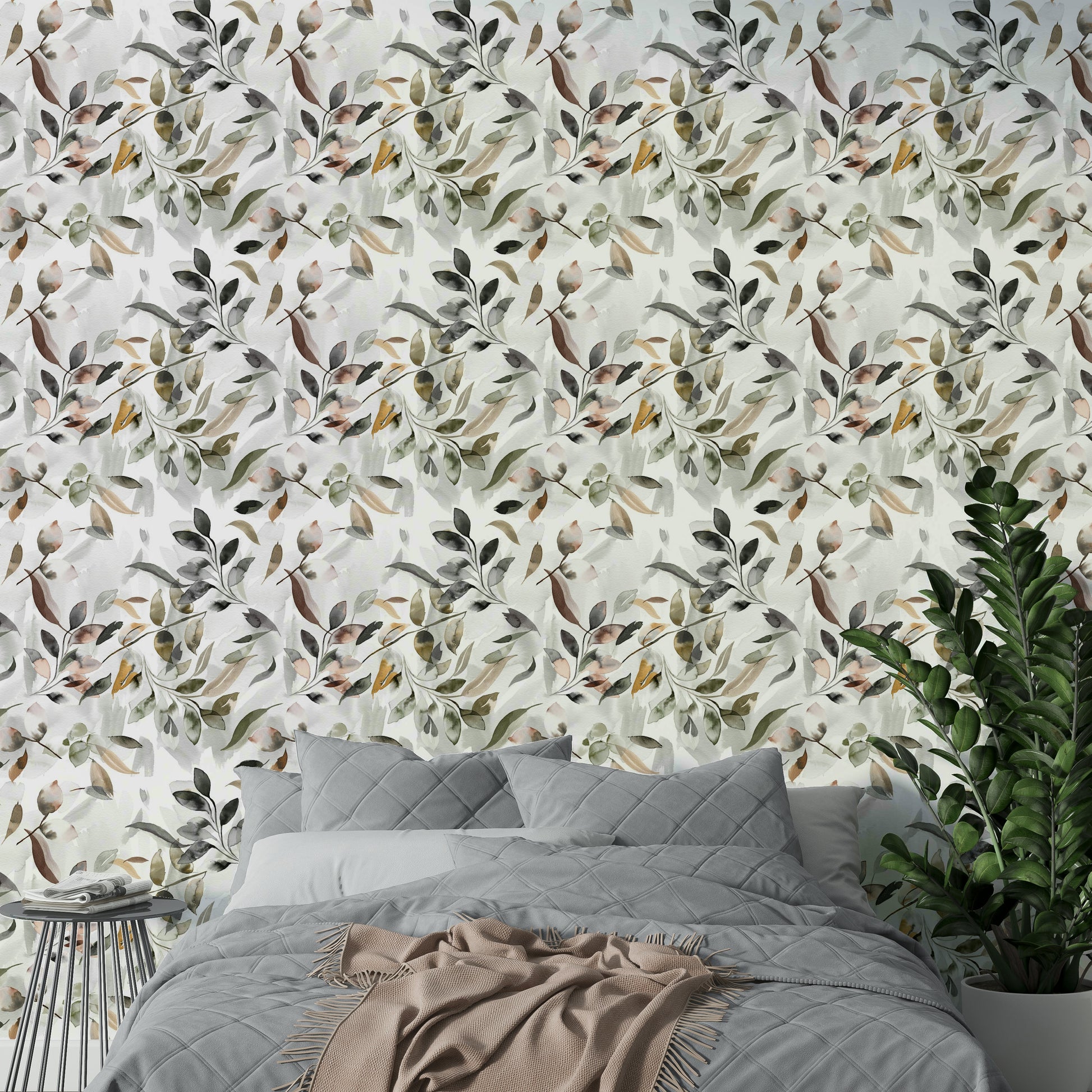 Serene nature wallpaper with gold leaf patterns

