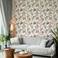 Classic chinoiserie florals on warm-toned wallpaper


