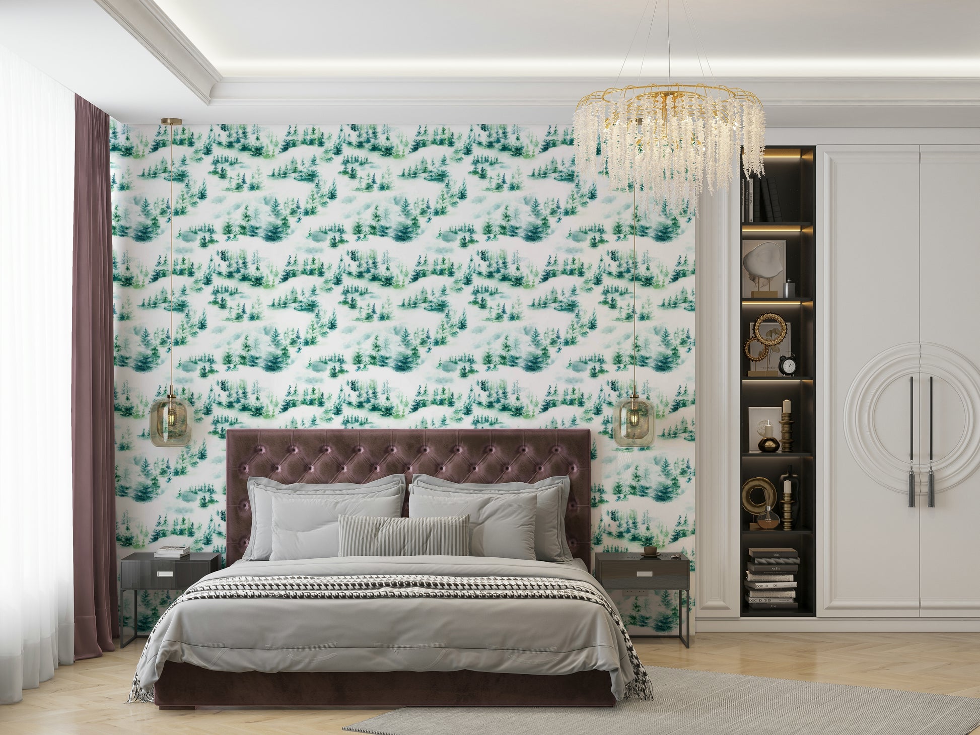 Elegant vintage wallpaper with snow trees motif

