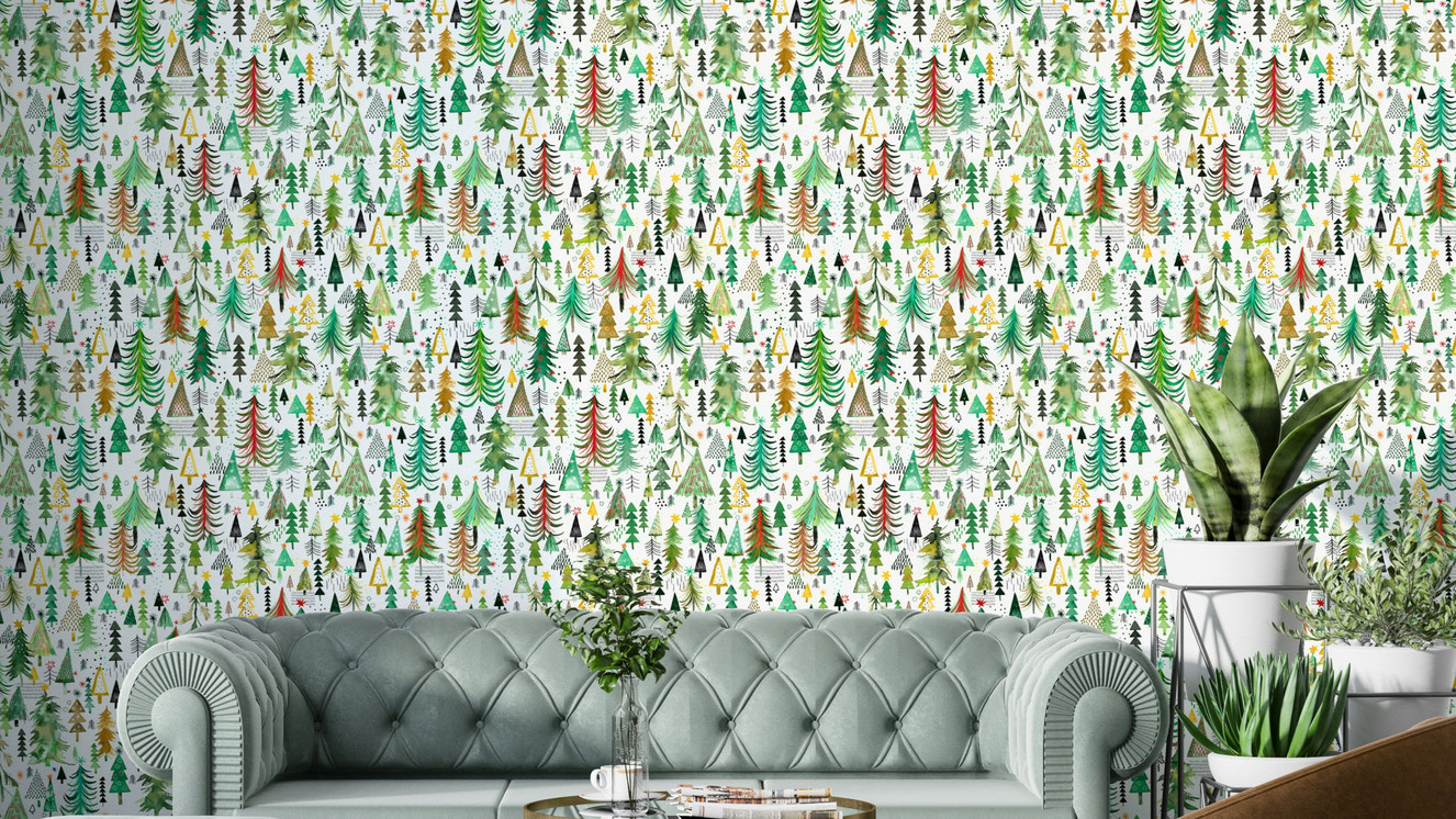 Decorative festive trees on green wallpaper

