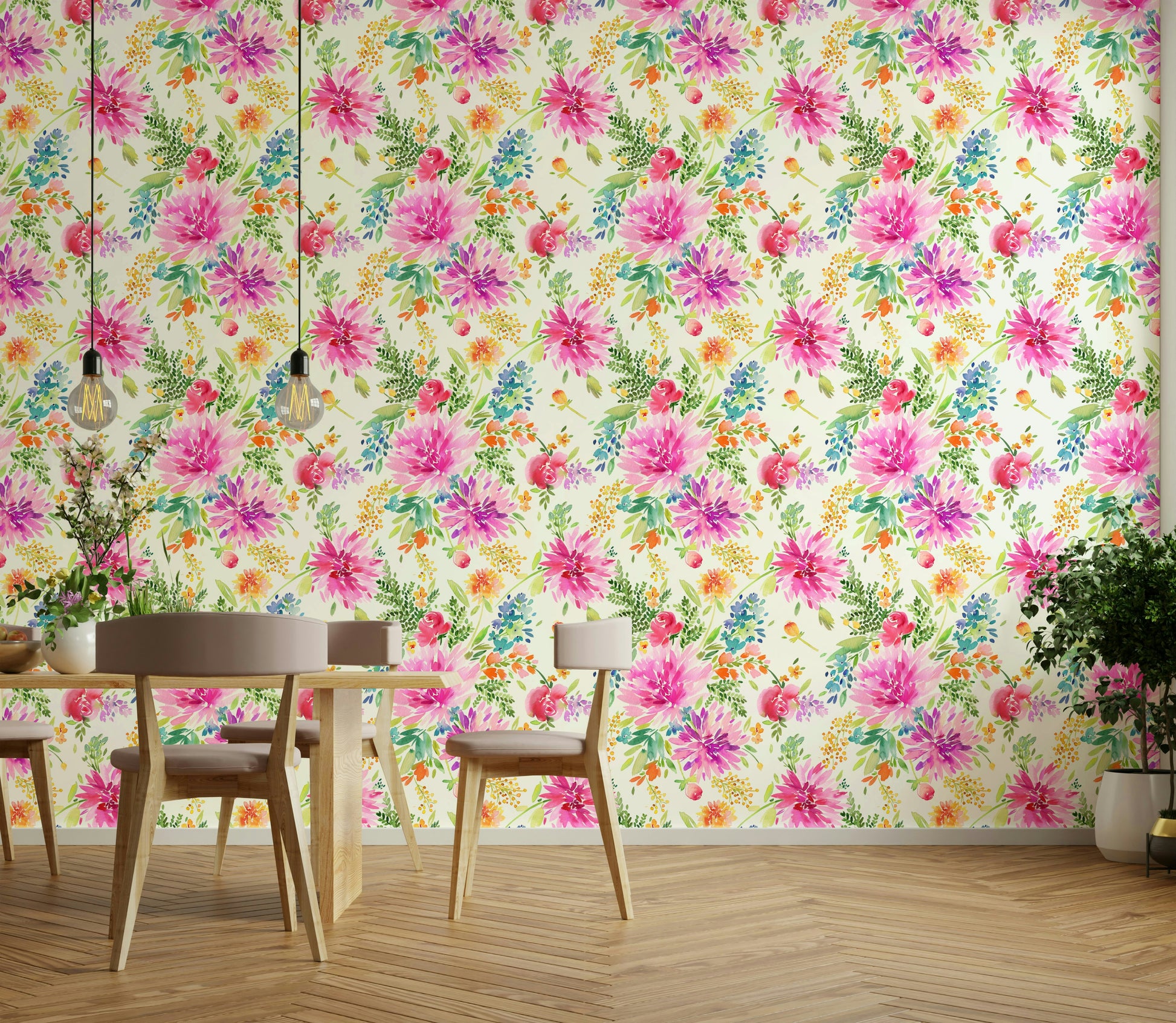 Cheerful floral wallpaper with dahlia motifs

