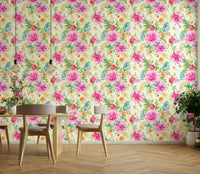 Cheerful floral wallpaper with dahlia motifs

