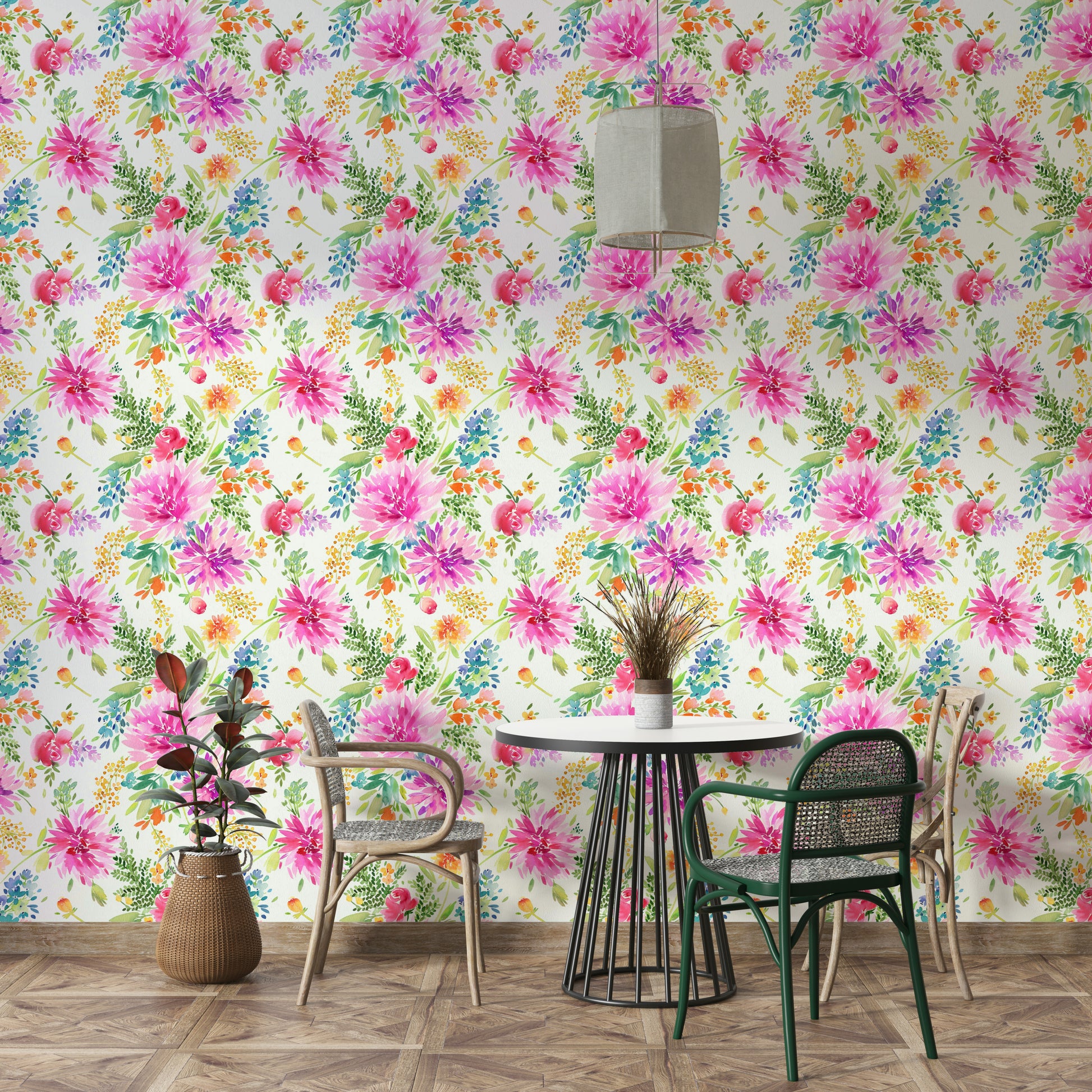 Multicolor dahlia blooms on floral wallpaper

