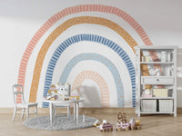 Kids’ playroom with a bold, modern rainbow wallpaper


