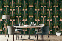 Art Deco wallpaper with symmetrical swan motifs

