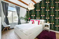 Luxe interior with metallic swan deco wallpaper

