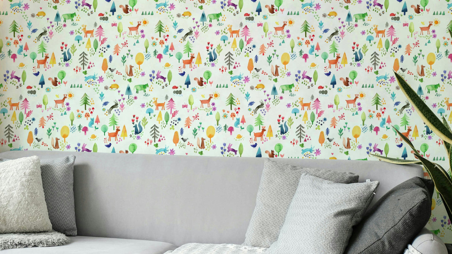 Adorable forest animals wallpaper for nursery

