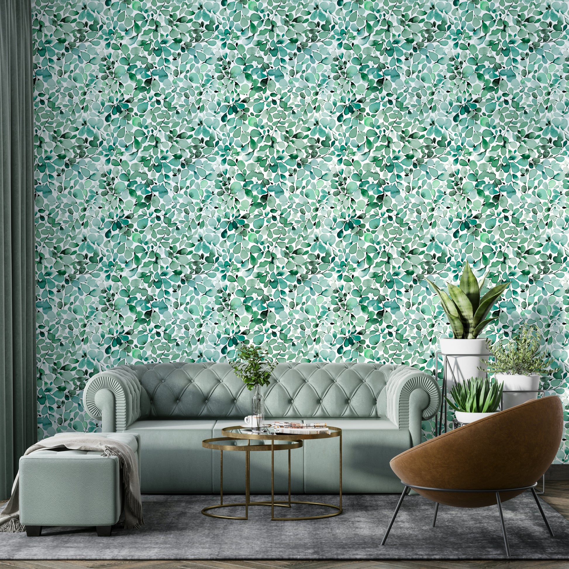 Tropical-themed eucalyptus leaves wallpaper design

