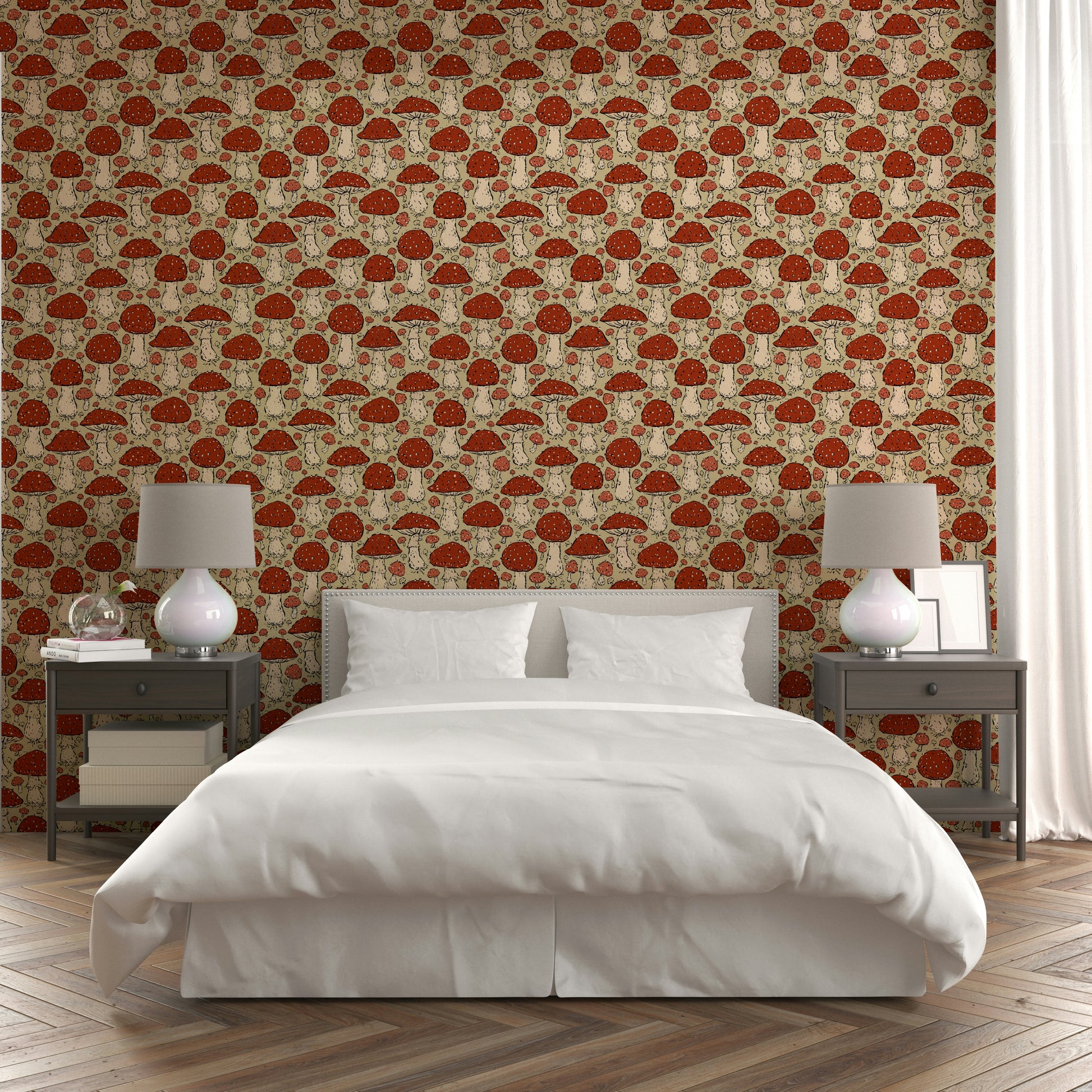 Amanita mushroom wallpaper for woodland-inspired interiors


