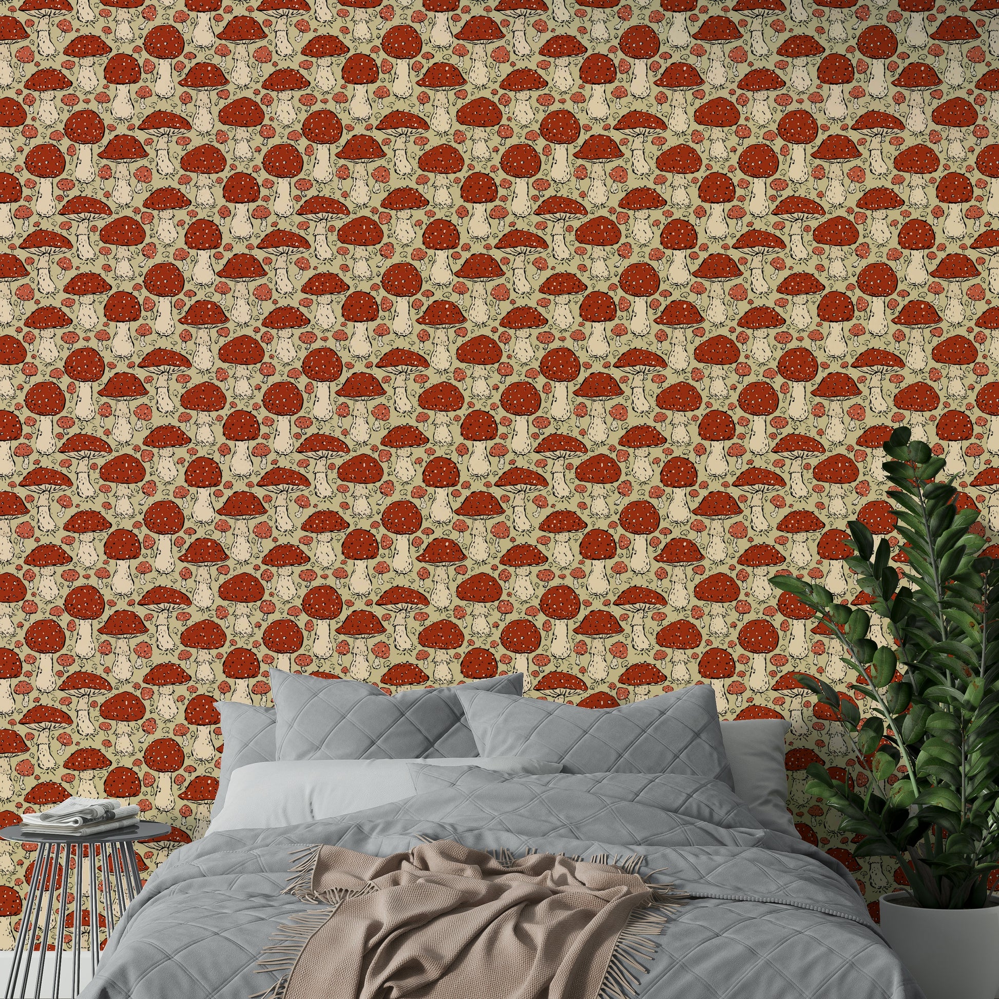 Red and beige mushroom wallpaper for whimsical decor

