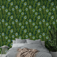 Dark wallpaper with boho chic peacock feather design

