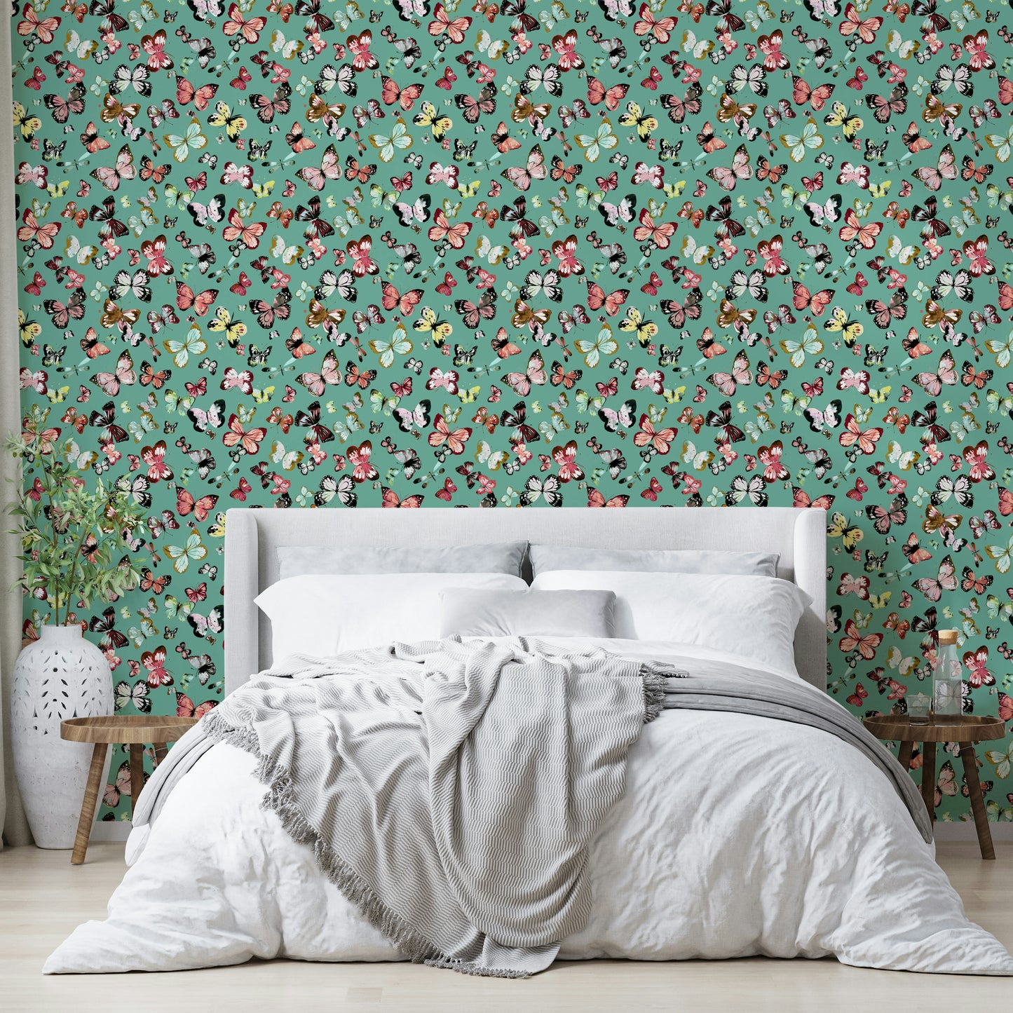 Flying Butterflies Colorful Teal Coral Wallpaper⁠
