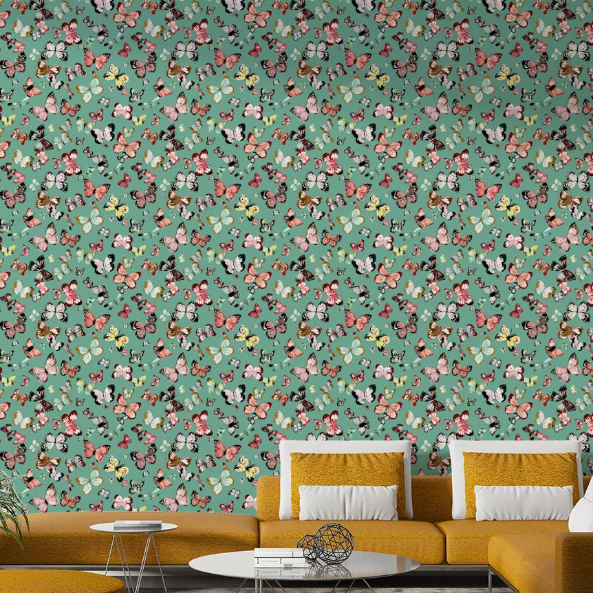 Flying Butterflies Colorful Teal Coral Wallpaper⁠