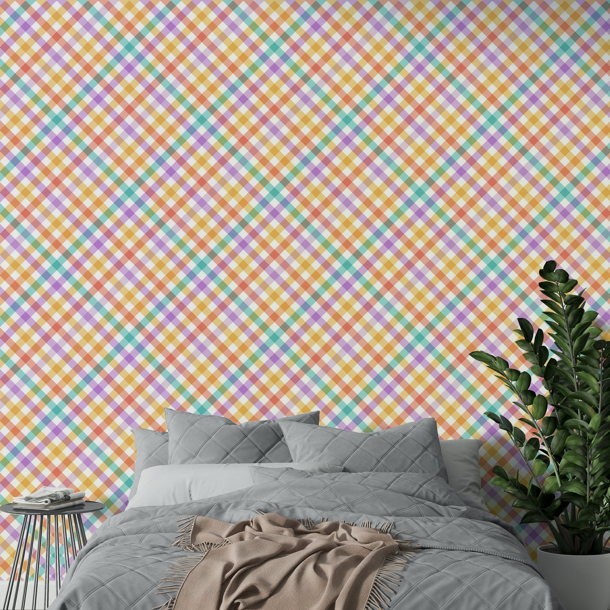 Dynamic striped and checkered wallpaper with bold hues

