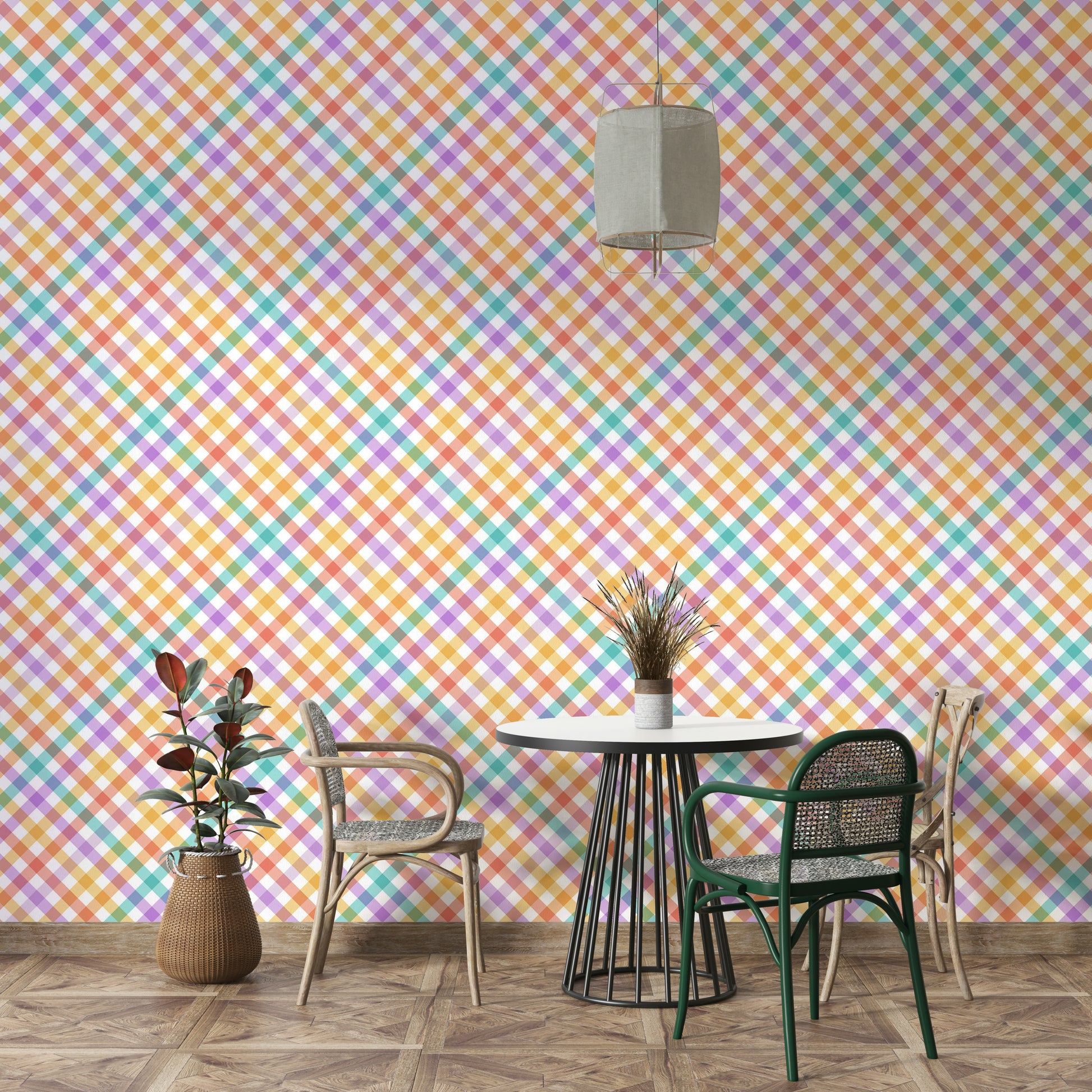 Checkerboard and stripe pattern wallpaper in multicolor

