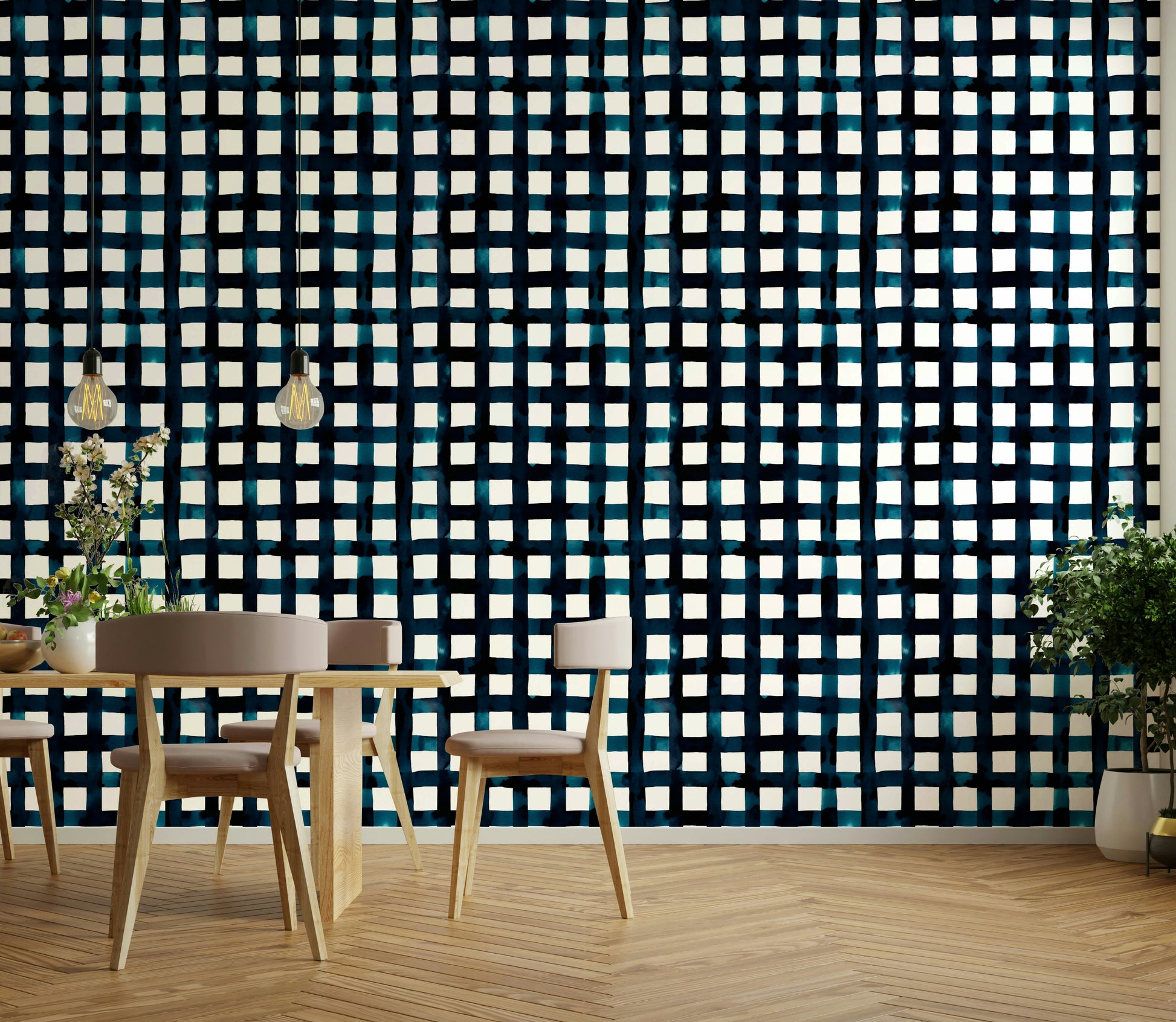 Modern navy blue stripe wallpaper with grid design

