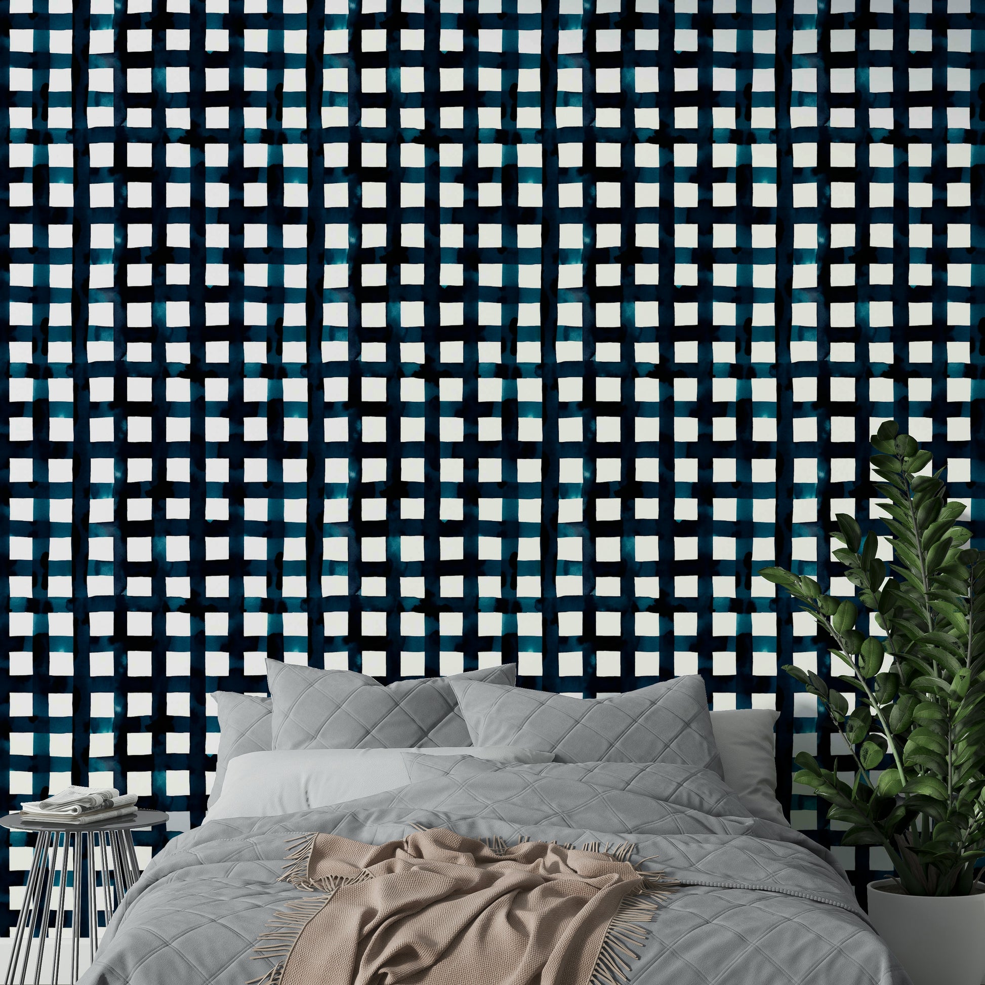 Grid-inspired geometric stripe wallpaper in navy

