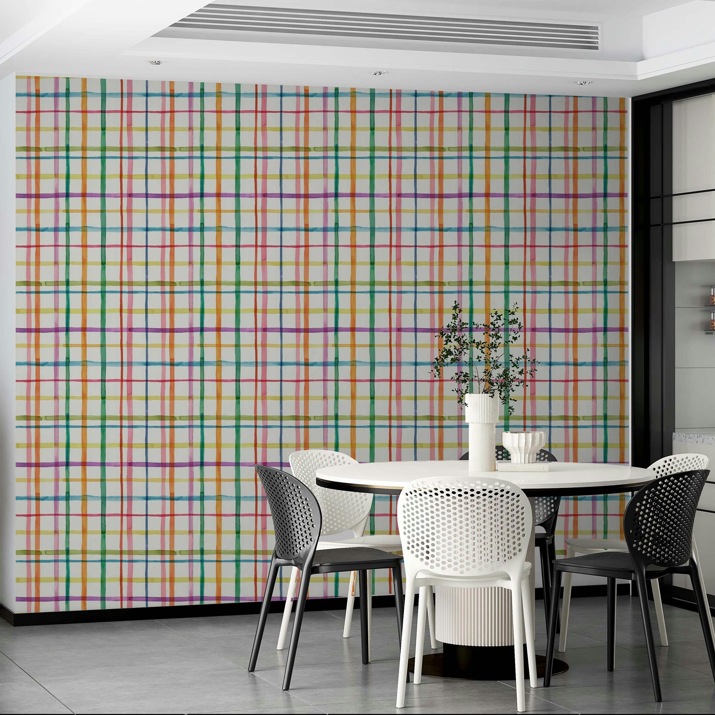 Geometric watercolor wall mural with plaid design

