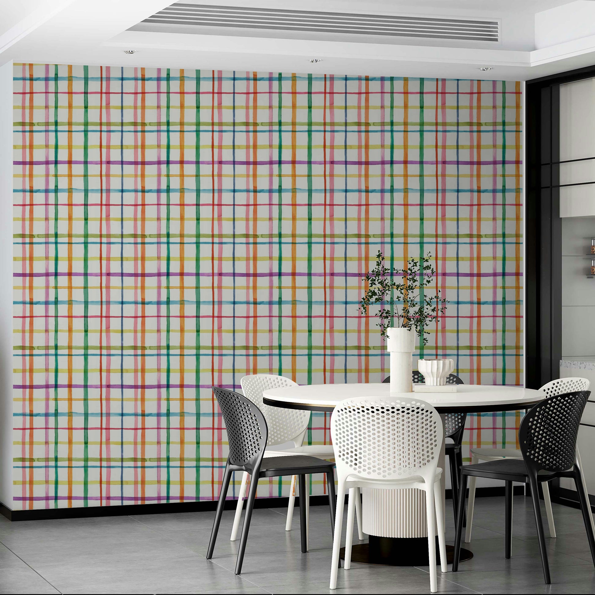Geometric watercolor wall mural with plaid design

