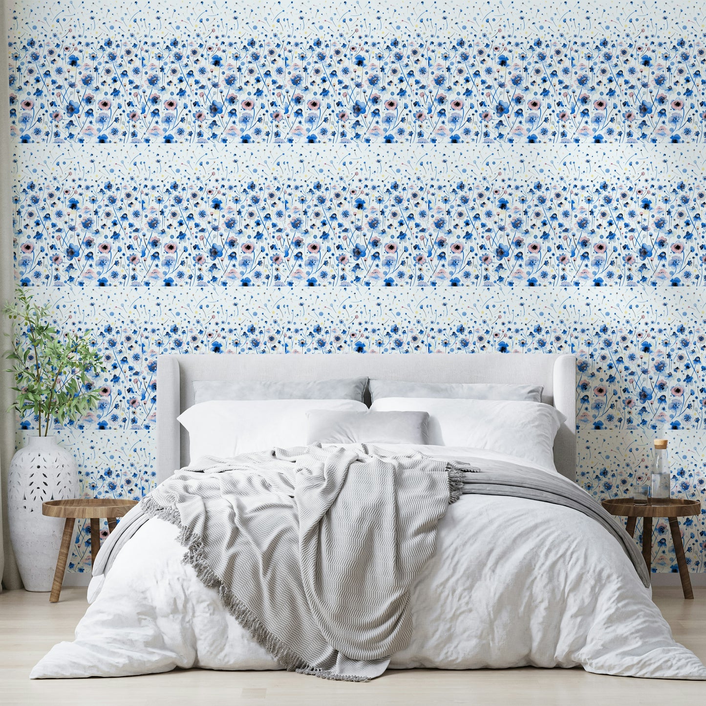 Blue ombre wall mural with artistic flower prints

