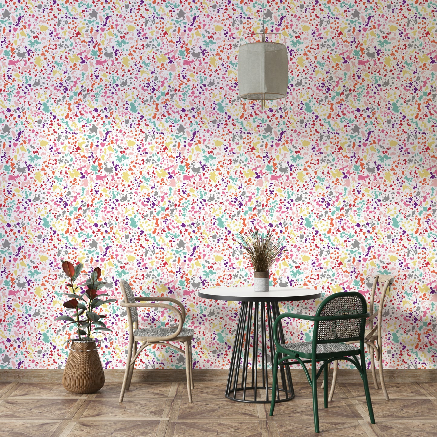 Playful modern wallpaper with colorful splatter art

