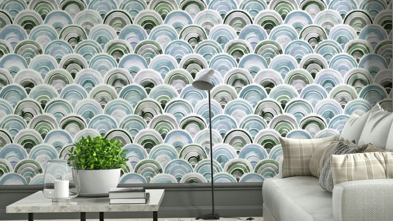 Japanese scallop rainbow wallpaper with wave pattern

