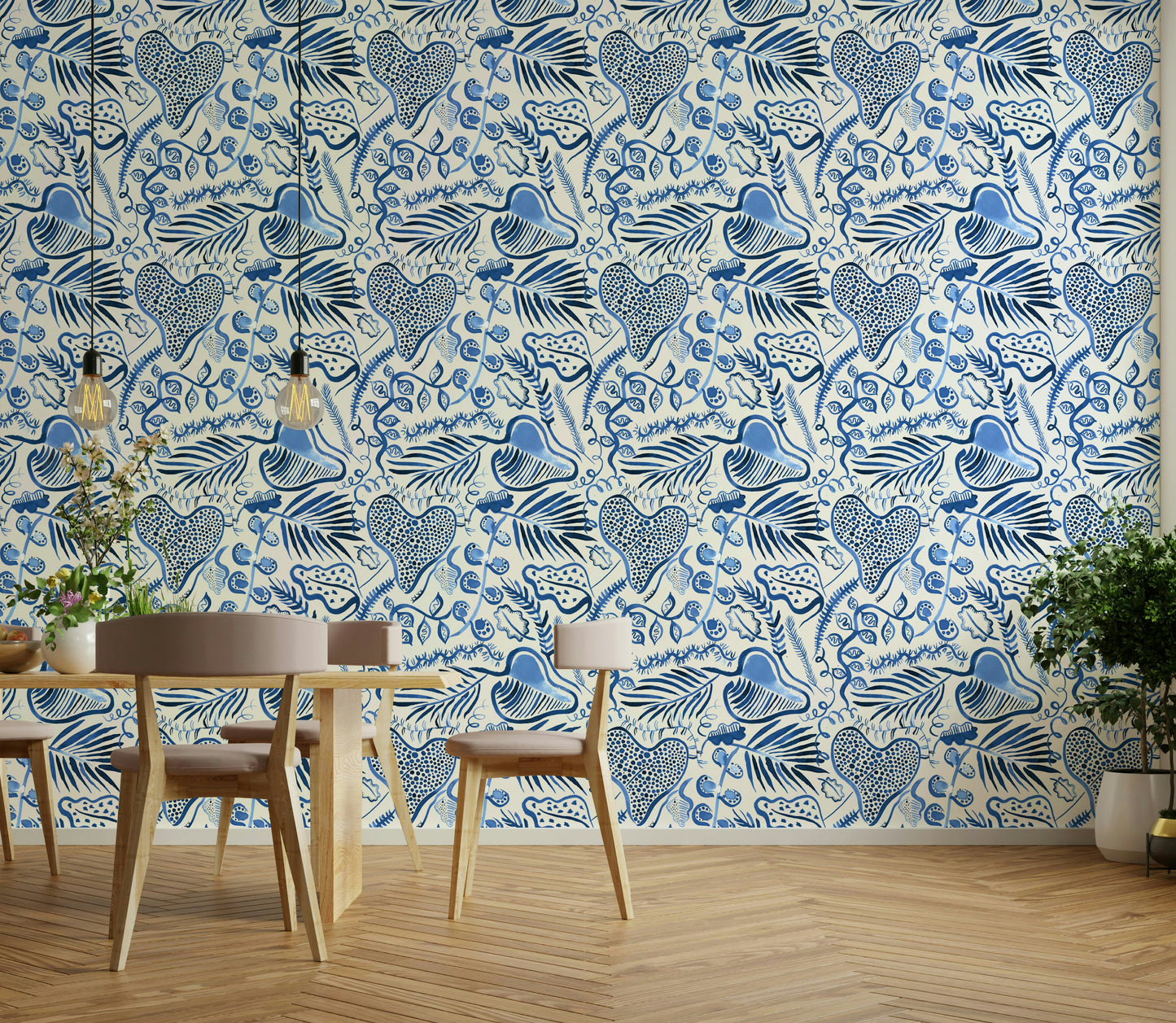 Nature-inspired tropical wallpaper in blue tones

