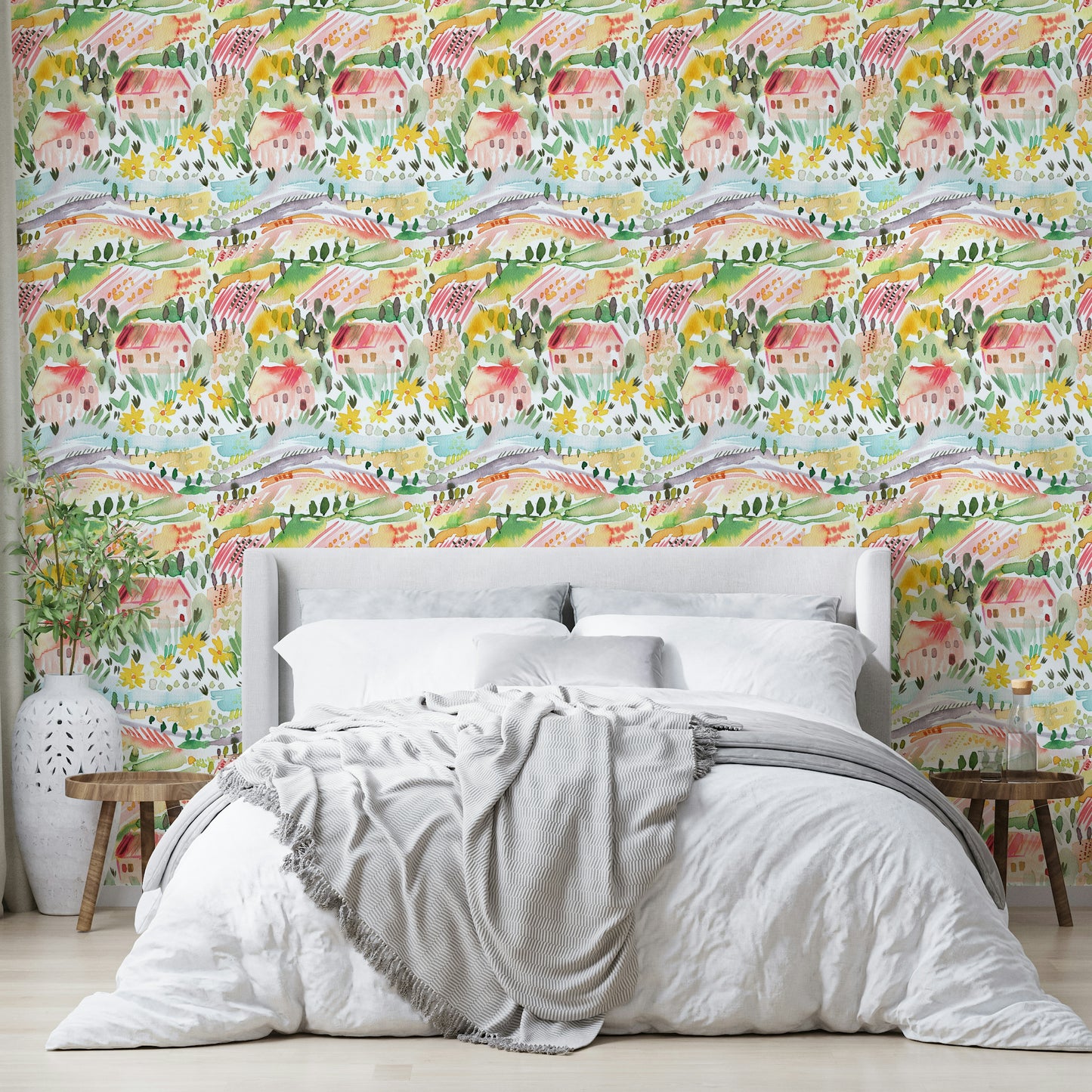 Hand-painted Tuscan hills wallpaper in soft tones

