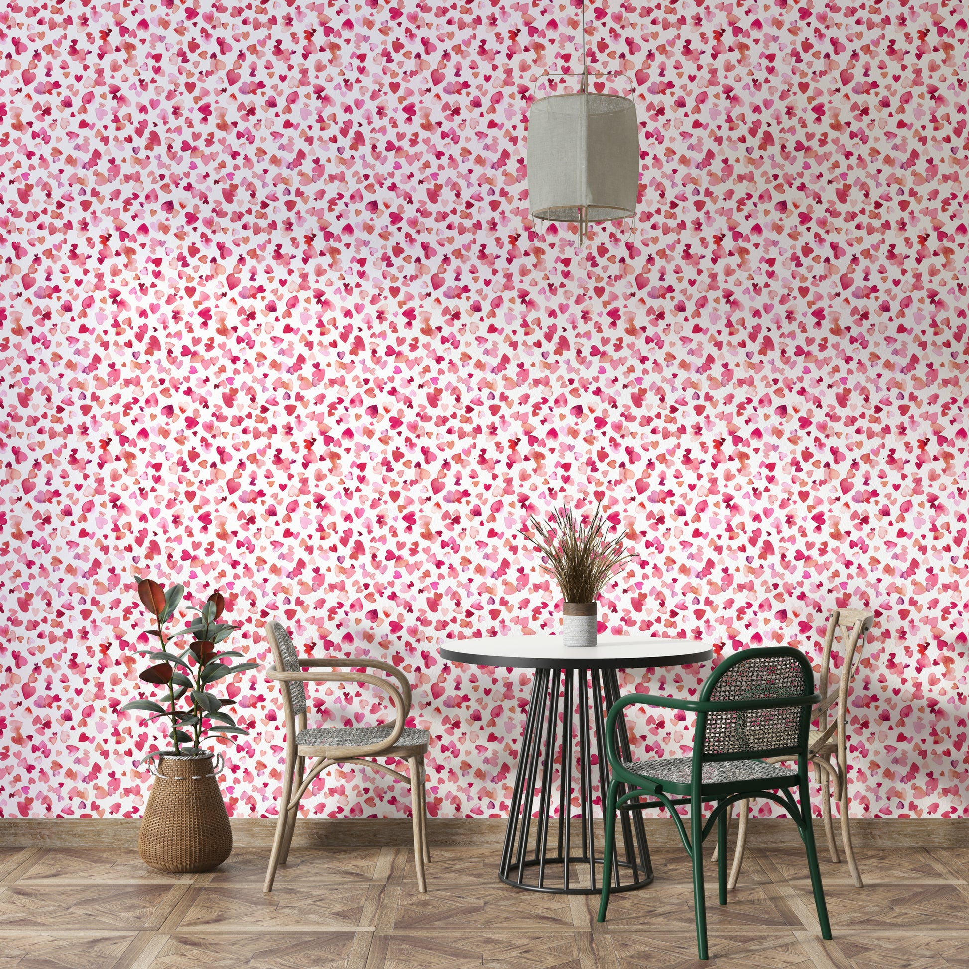 Pink-red wallpaper with repeating heart illustrations

