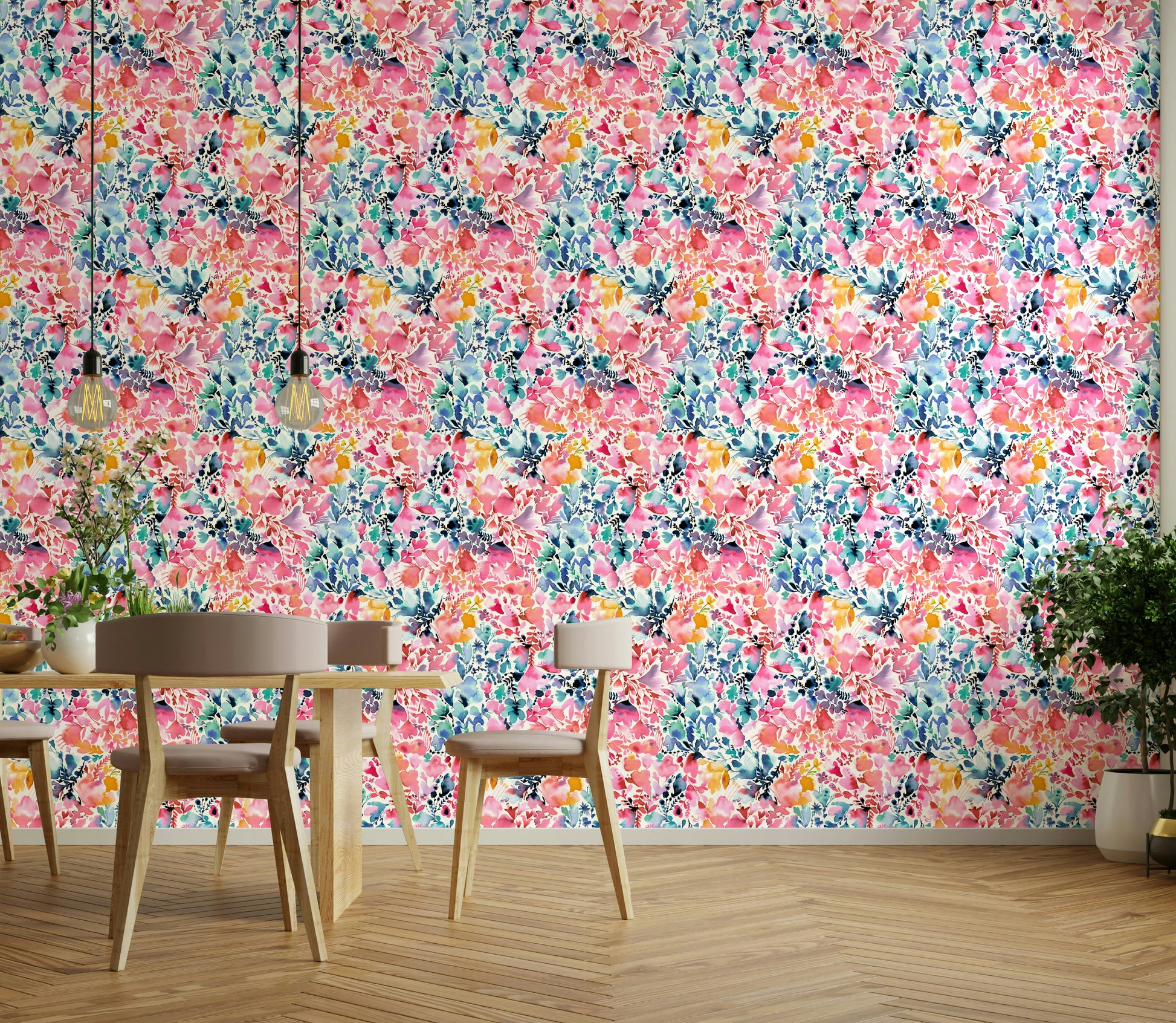 Watercolor flower wallpaper in vibrant pastel tones

