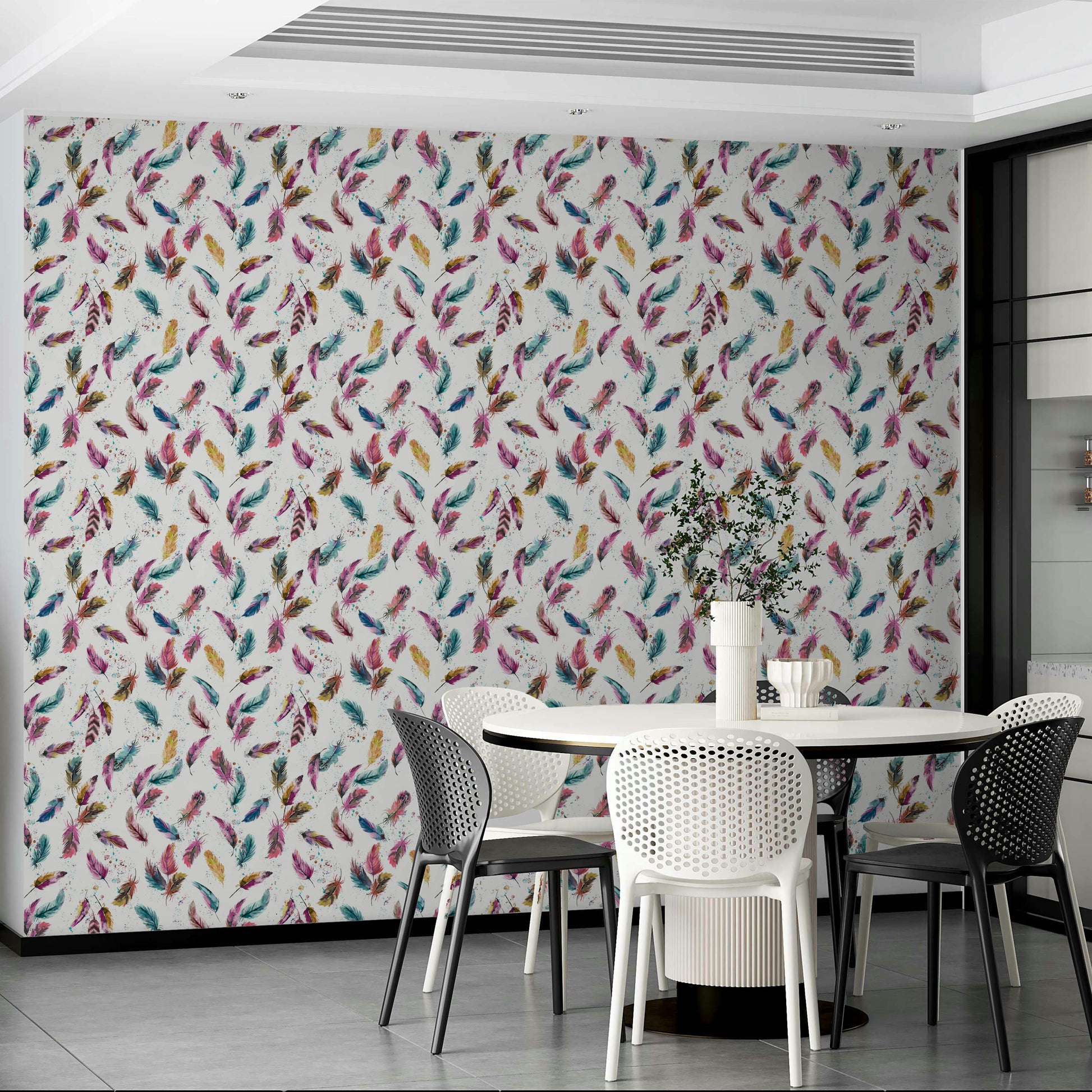 Feather motif wallpaper in soft watercolor hues

