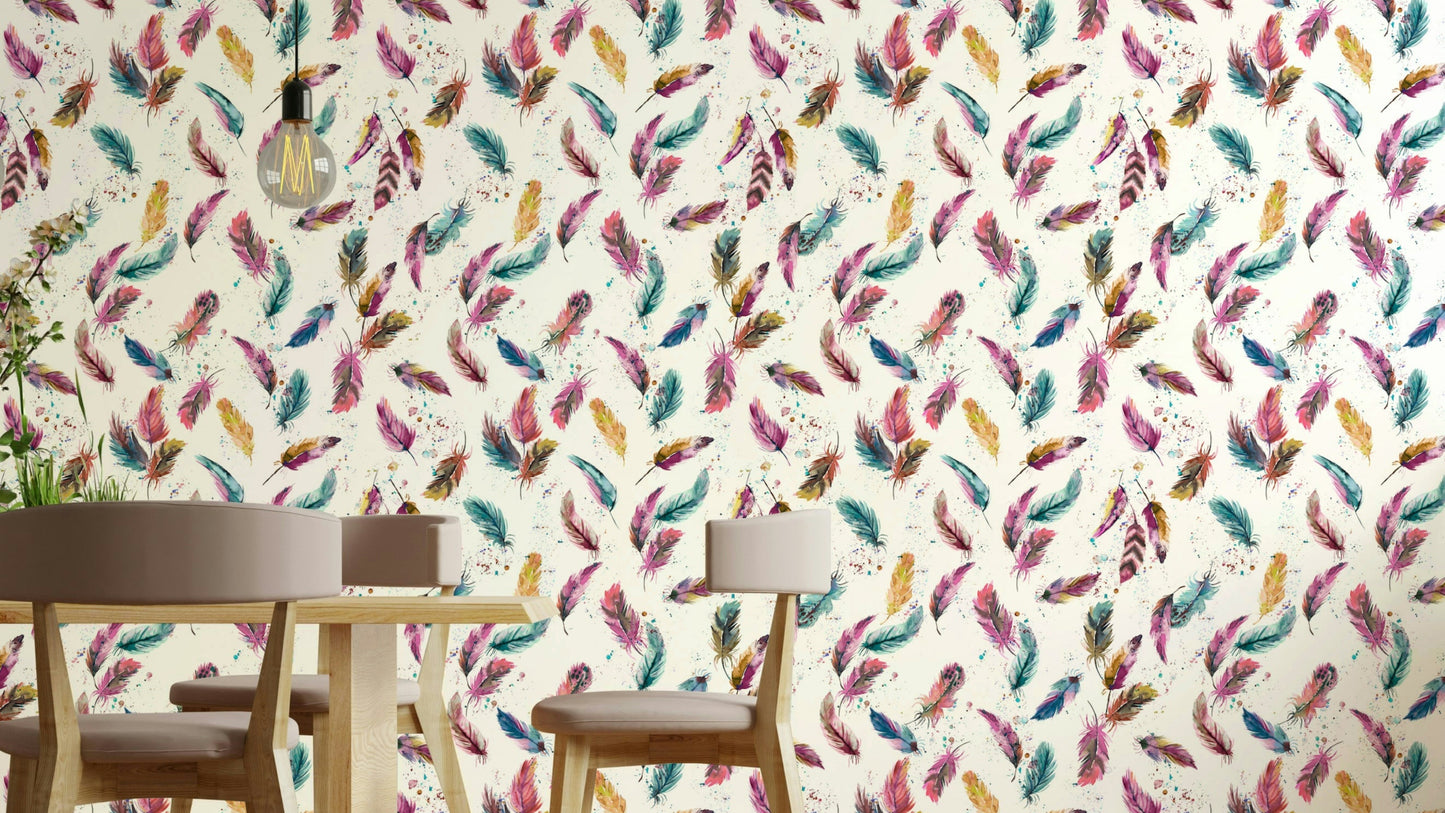 Delicate watercolor feathers in multicolored palette

