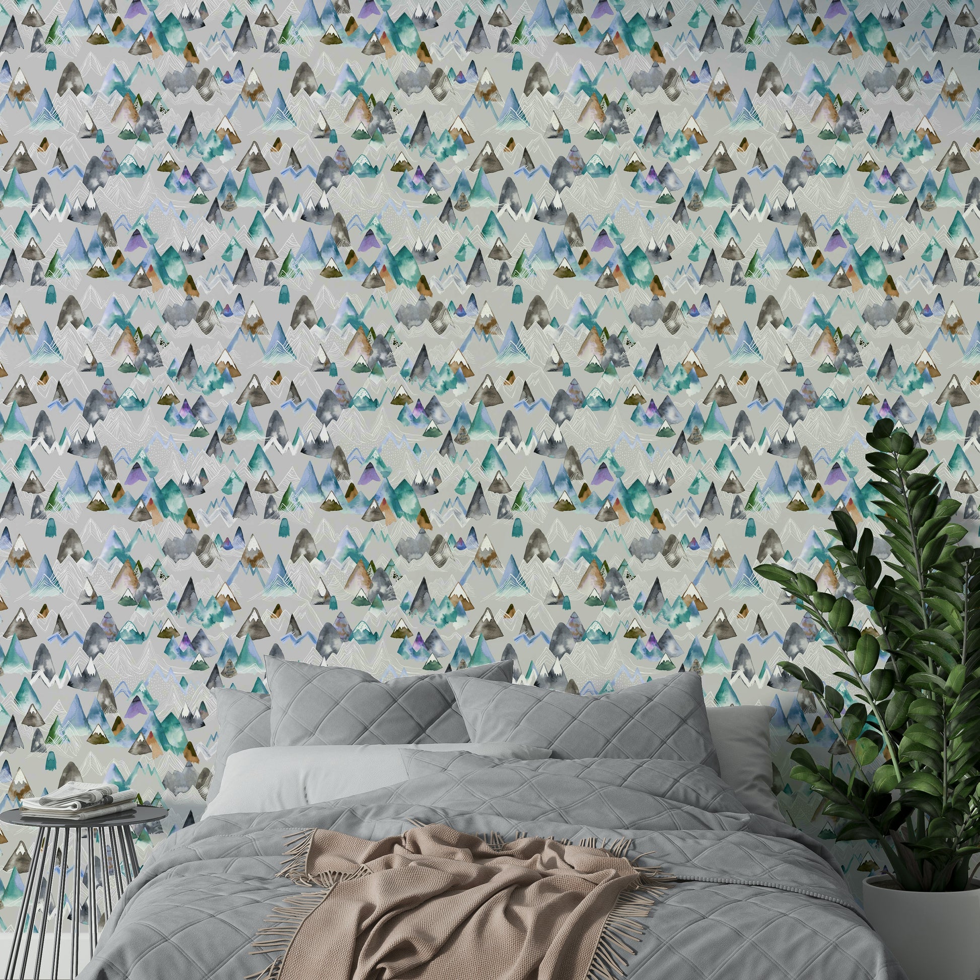 Misty gray mountain wallpaper for tranquil interiors

