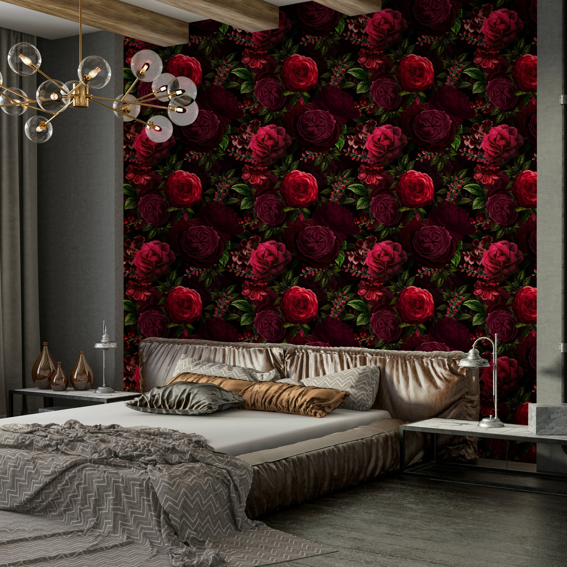 Moody floral wallpaper with evening tones

