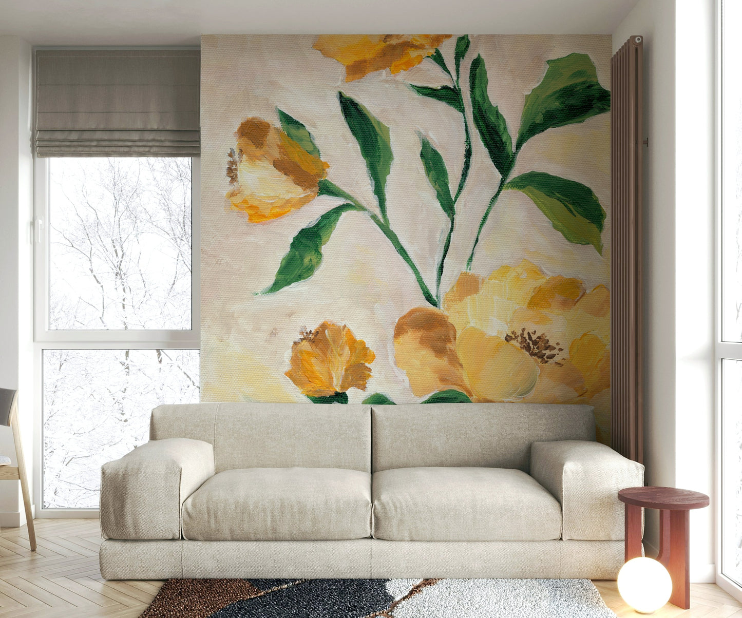 Glowing floral mural for cozy, radiant interiors

