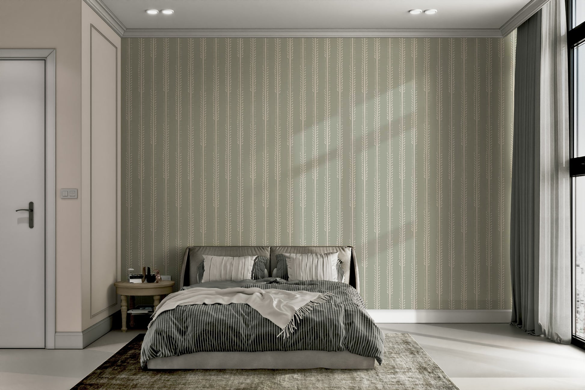 Vertical sage green stripes on neutral wallpaper

